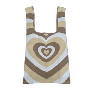Heart Patterned Tan and Cream Knit Tote Bag